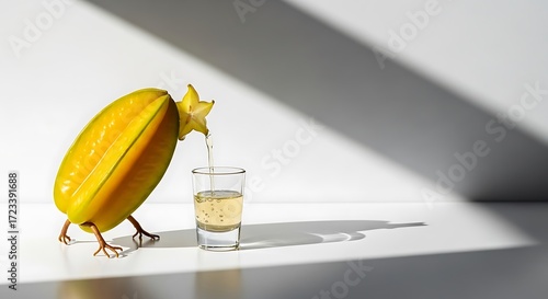 Star Fruit Bartender: Creative Food Photography with Tropical Fruit Pouring Juice into Shot Glass.