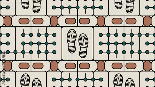 Repeating pattern of footprints, connected dots, and rounded rectangles on a light background surface