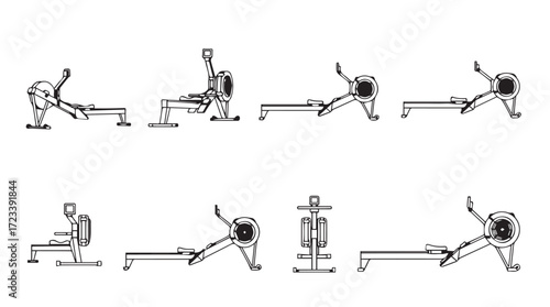 Rowing machine exercise sequence sequence of motion and machine diagram for fitness workouts silhouette