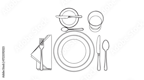 Elegant dinner setting with folded napkin knife fork spoon and plate composition silhouette