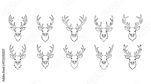Collection of stylized deer head icons with antlers in detailed line art style silhouette