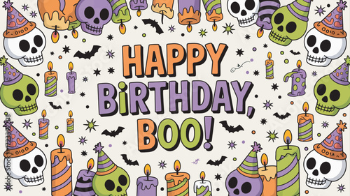 Happy Birthday Boo! Illustration with Skulls, Candles, and Party Hats on Beige Backdrop