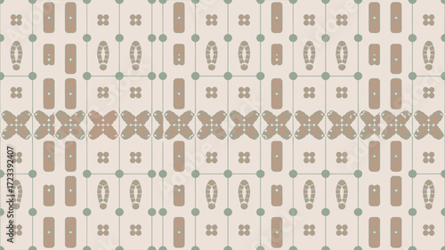 Beige and gray patterned tile design with floral shapes footprints and rectangles in a repeating pattern