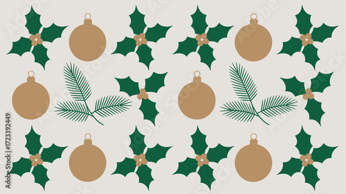 Holly Berries and Baubles Pattern Illustration with Festive Foliage and Ornaments