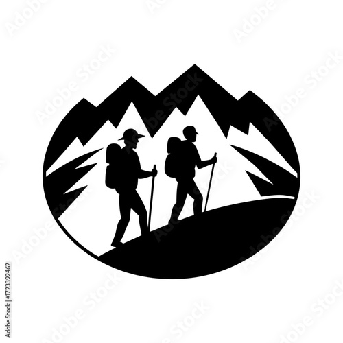 Black silhouette of two hikers backpacks trekking poles climbing a mountain, , adventure concept