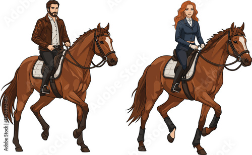 Horse riding, countryside adventure, equestrian sport, dynamic motion, outdoor lifestyle, redhead woman, bearded man, brown horses, scenic trail, freedom moment