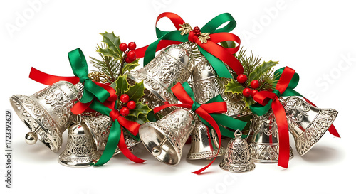 Festive silver bells adorned with holly and bright ribbons, evoking holiday cheer