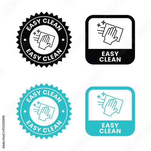 Easy clean icon set. Hand with napkin wiping a surface. Housekeeping symbol. Easy clean logo, label, badge, symbol, banner, circle, black, line, vector, isolated illustration. Cleaner service logo