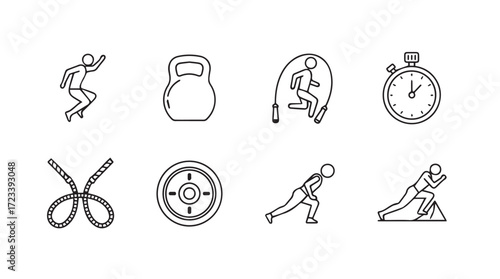 Fitness icons set jumping jumping rope kettlebell stopwatch weights and athletes in motion silhouette