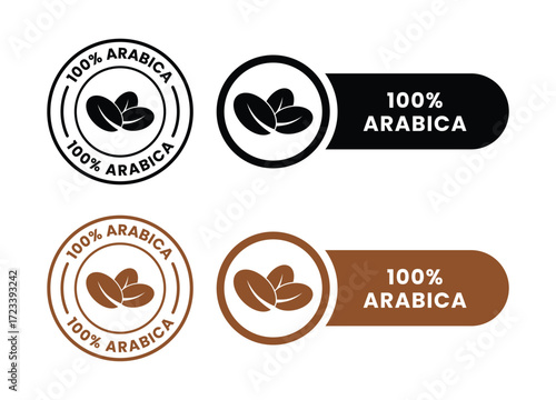 100 arabica icon. 100 robusta label. 100 liberica symbol. Premium coffee blend vector illustration. Coffee beans emblem, badge, sign, stamp or seal for product packaging isolated.