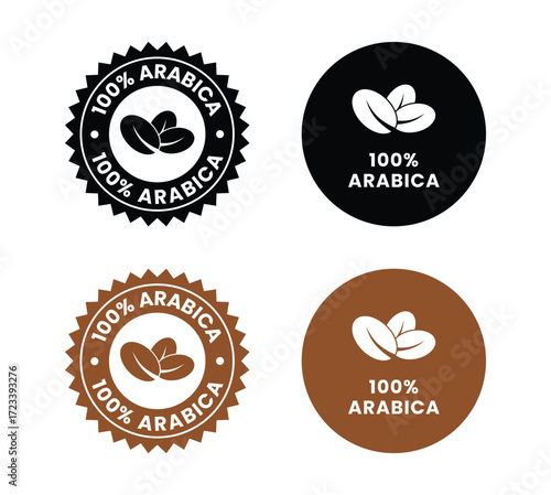 100 arabica icon. 100 robusta label. 100 liberica symbol. Premium coffee blend vector illustration. Coffee beans emblem, badge, sign, stamp or seal for product packaging isolated.