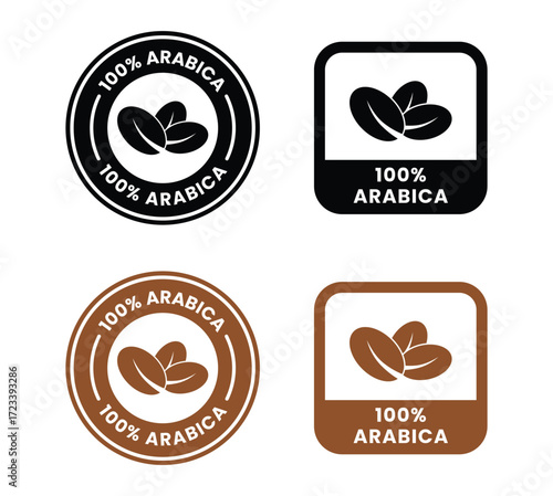 100 arabica icon. 100 robusta label. 100 liberica symbol. Premium coffee blend vector illustration. Coffee beans emblem, badge, sign, stamp or seal for product packaging isolated.