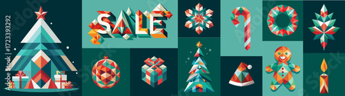 Set of Christmas elements in modern geometric style and colorful palette, for festive designs,  vector illustration, removable backgrounds 