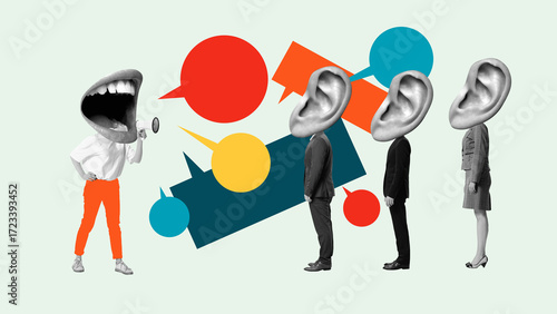 Fotografie Surreal collage giant mouth shouting at businesspeople with ear heads colorful speech bubbles
