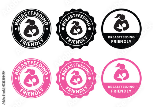 Breastfeeding icon set. Breastfeeding Friendly label. Baby care symbol. Mother and baby icons. Breastfeeding logo, badge, symbol, black, line, flat vector, isolated illustration.