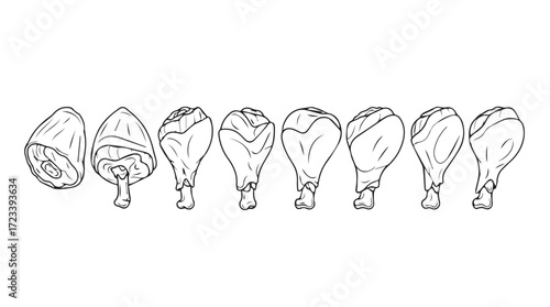 Collection of hand-drawn hot air balloons in various stages of inflation and deflation line art silhouette