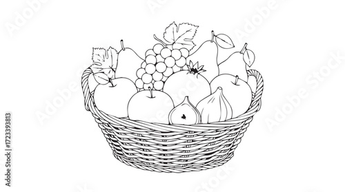 Hand drawn sketch of abundant fruit basket featuring apples pears grapes and oranges for healthy eating silhouette