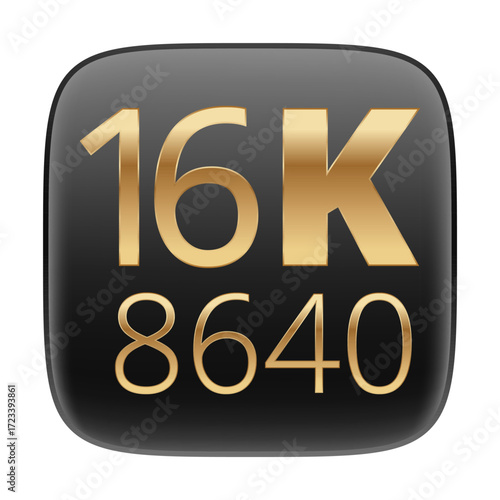 16k resolution icon with 8640 display numbers in gold on black background.