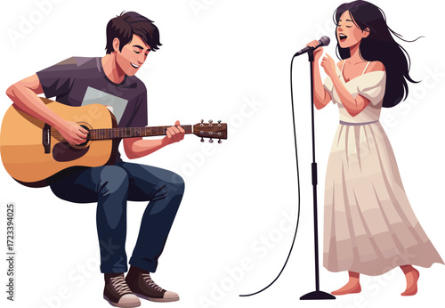 Live music performance, acoustic guitar, barefoot singer, emotional duet, artistic collaboration, white dress, stage expression, musical passion, indoor concert, creative harmony