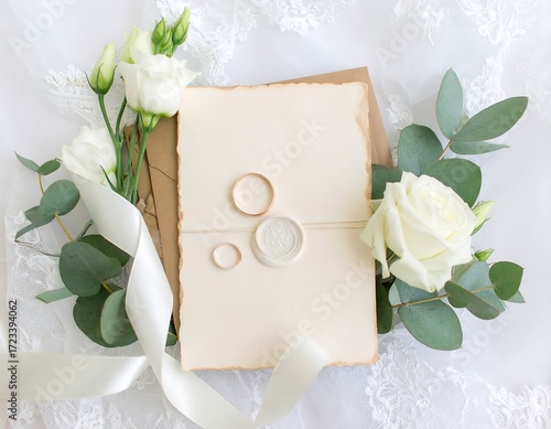 Wedding invitation with flowers and rings