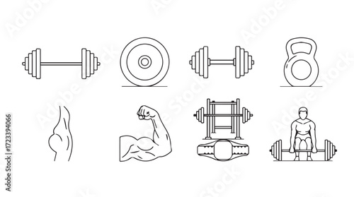 Collection of gym equipment and fitness elements for workout and healthy lifestyle graphics silhouette