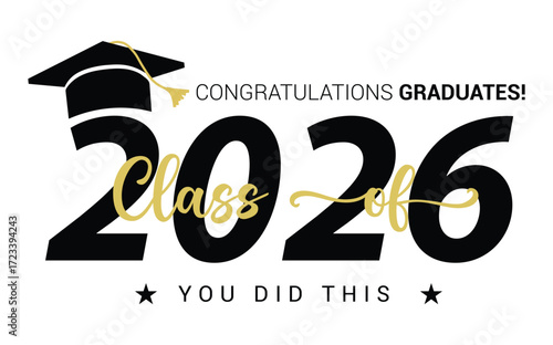 Class of 2026 vector illustration. Festive celebration design for graduation events and announcements. Congratulations graduates design template for social media posts to honor graduates.