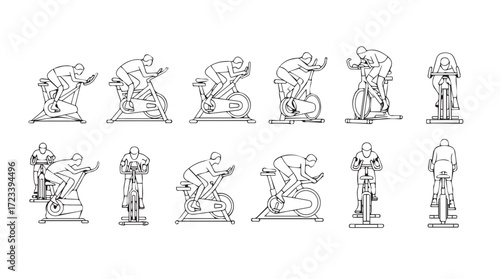 Collection of detailed monochrome figures depicting various cycling poses and activities silhouette