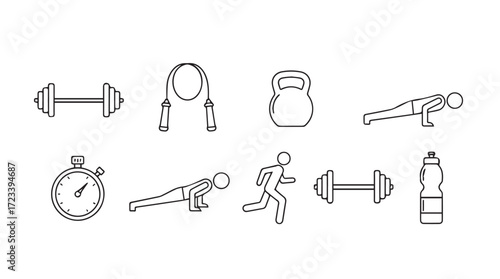 Fitness icon set dumbbell jump rope kettlebell stopwatch runner and water bottle icons silhouette