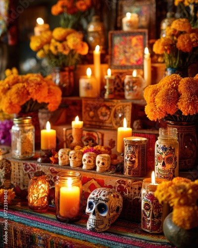 Dia de Muertos Altar: A vibrant altar dedicated to the Day of the Dead, adorned with marigold flowers, flickering candles, sugar skulls, and traditional decorations.