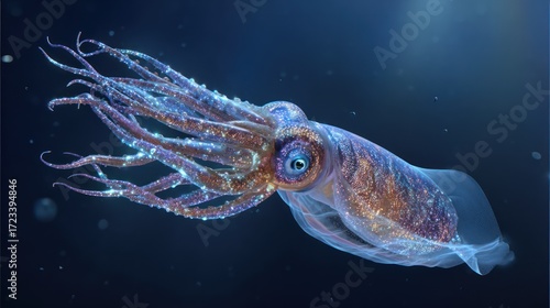 A captivating underwater view of a bioluminescent squid, showcasing intricate details and sparkling colors against a dark blue ocean backdrop.