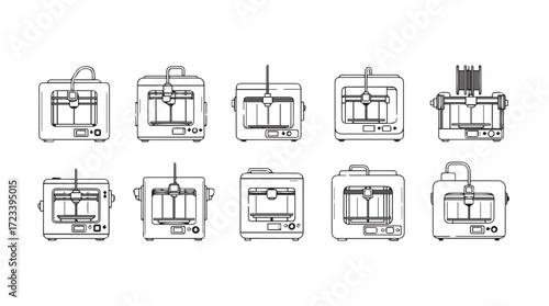 Collection of modern toaster designs various styles and features shown in detailed line art silhouette