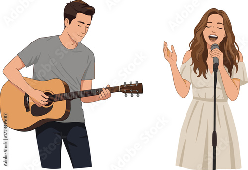 Live music performance, acoustic guitar, female singer, emotional duet, stage collaboration, artistic expression, concert moment, musical passion, vocal harmony, entertainment scene