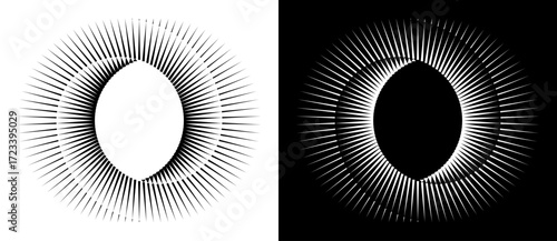 Two circles with lines as dynamic abstract vector background or logo or icon. Yin and Yang symbol. Black circles on white background and white circles on black background.