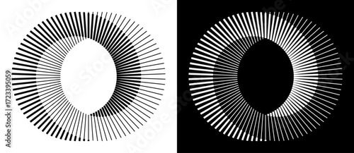 Two circles with lines as dynamic abstract vector background or logo or icon. Yin and Yang symbol. Black circles on white background and white circles on black background.