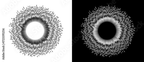 Abstract background with burning lines in cicrle. Design element or icon. Black shape on a white background and the same white shape on the black side.