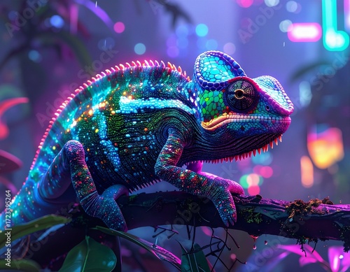 Vibrant Neon Chameleon Perched On Branch Amid Neon City Night Lights And Rain