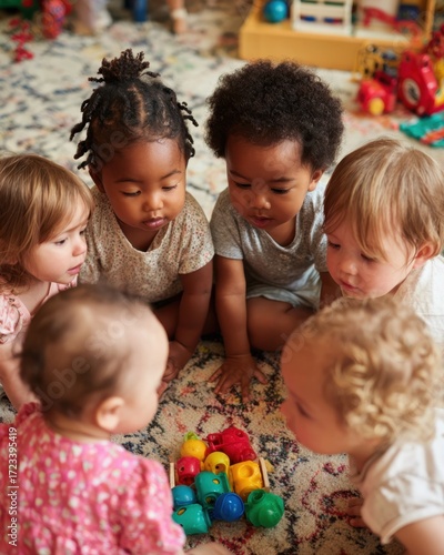 Curiosity and Connection: A circle of diverse babies gathers around a colorful toy, their eyes wide with curiosity and wonder.
