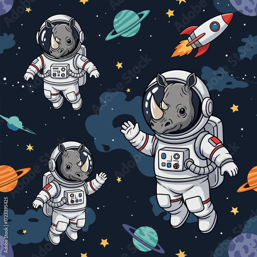 Cute rhino astronauts explore space with planets and a rocket Fun science adventure