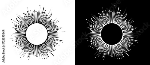 Abstract background with burning lines in cicrle. Design element or icon. Black shape on a white background and the same white shape on the black side.