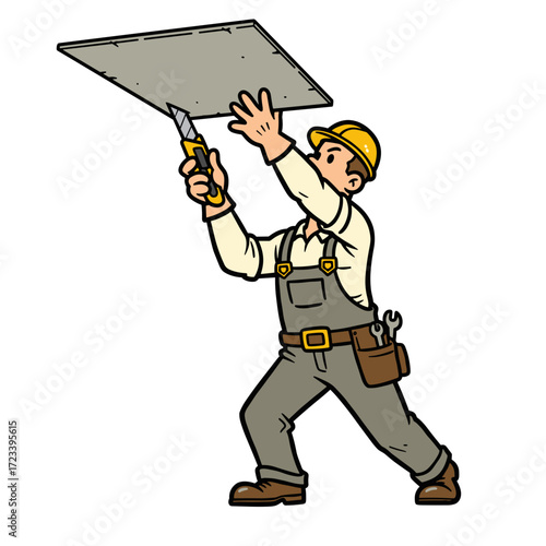 Construction worker cutting ceiling panel with scissors  