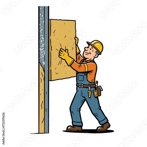 Construction worker installing insulation panel in office setting  