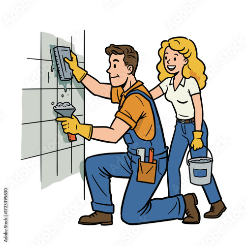 Man and woman renovating bathroom tiles with tools and smile  