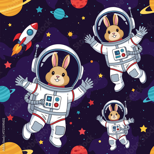 Playful astronaut bunnies floating in vibrant outer space with planets and stars