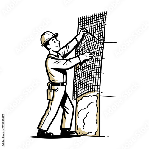 Man applying mesh on insulation while working in construction  
