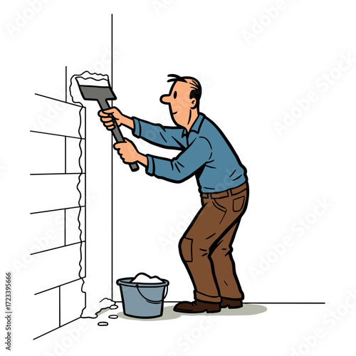 Man applying white grout to wall with trowel in renovation project  