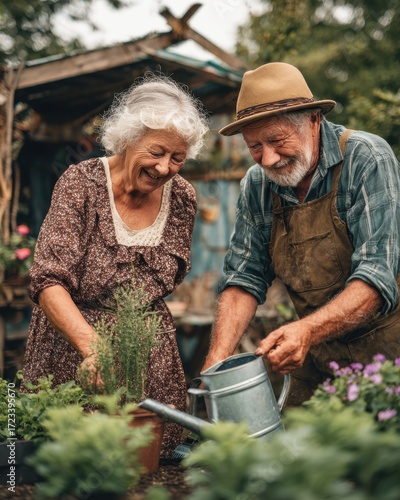 Elderly Couple Gardening Together: A joyful elderly couple, a man in a hat and apron and a woman in a patterned dress, happily tend to their garden, watering plants and smiling.
