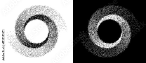 Abstract art background with dotted circle. Stipple effect with chaotic noise in spiral. Black shape on a white background and the same white shape on the black side. Yin and yang style.