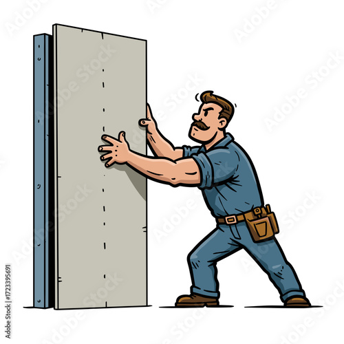 Man installing drywall in construction site with determined expression  