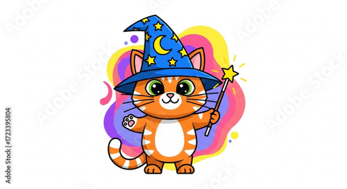 Whimsical cartoon of a cute orange cat wearing a wizard hat and holding a magic wand, perfect for childrens illustrations