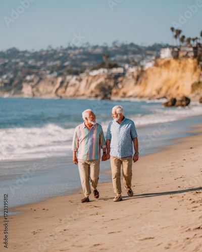 A Shared Horizon: Two elderly gentlemen stroll hand-in-hand along a sun-drenched beach, their silhouettes etched against the backdrop of the ocean and coastal cliffs.
